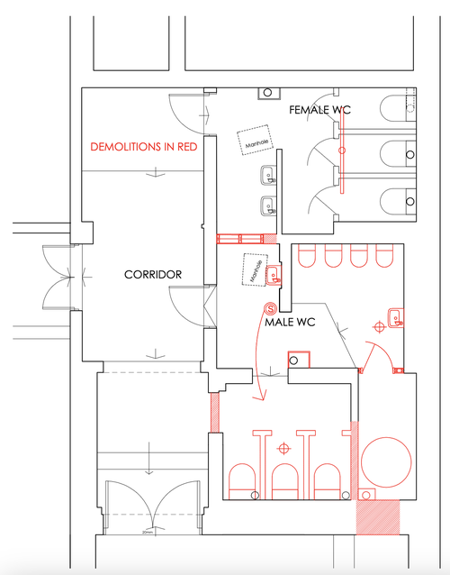 Cube Toilets 2024 plan - before view, showing that the water heater, existing urinals and &#x27;male&#x27; toilets will be removed, and a wall between the two existing bathrooms will be removed.